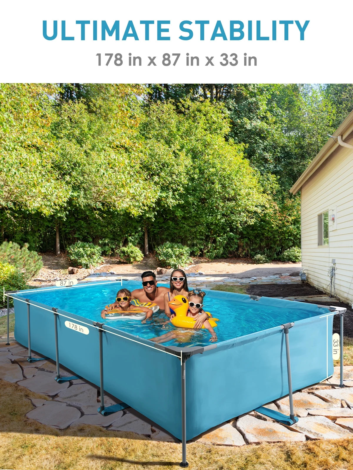 Swimming Pool above Ground Outdoor 15Ft Rectangle Frame Pool Type 178" X 87" Swimming Pool with Metal Frame for Backyard Use