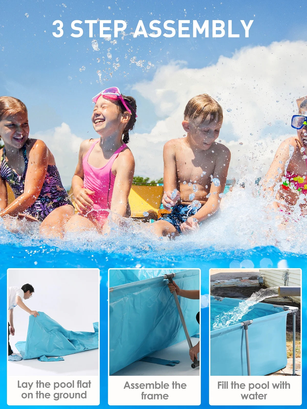 Swimming Pool above Ground Outdoor 15Ft Rectangle Frame Pool Type 178" X 87" Swimming Pool with Metal Frame for Backyard Use